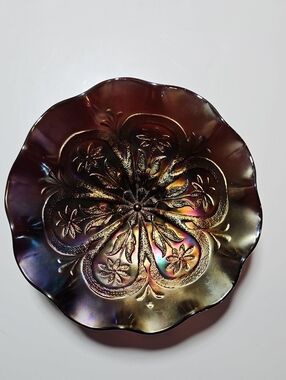 Antique Dugan Flowers & Frames Amethyst Carnival Glass Ruffled 9" Display Bowl